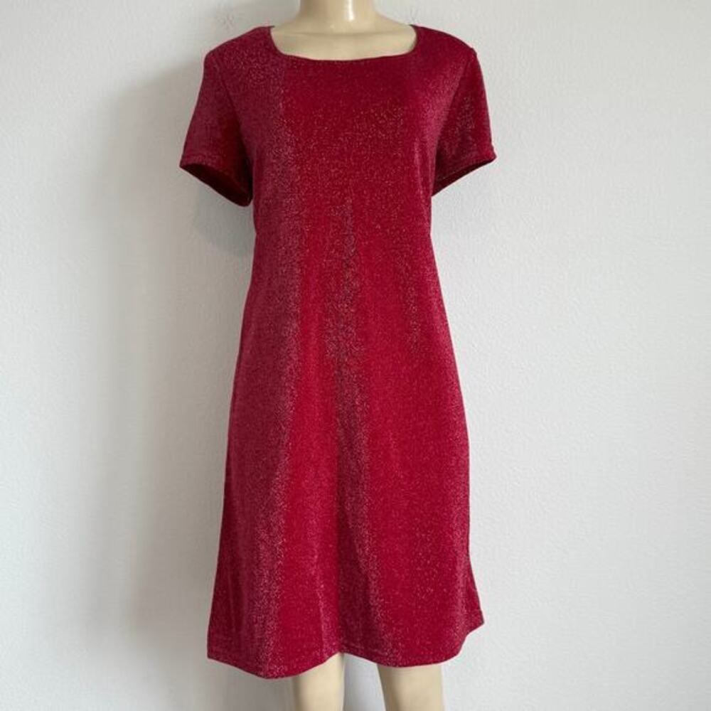 Vintage 90s Byer Studio Red Lurex Metallic Shift Dress Coquette Party Mod Glam
